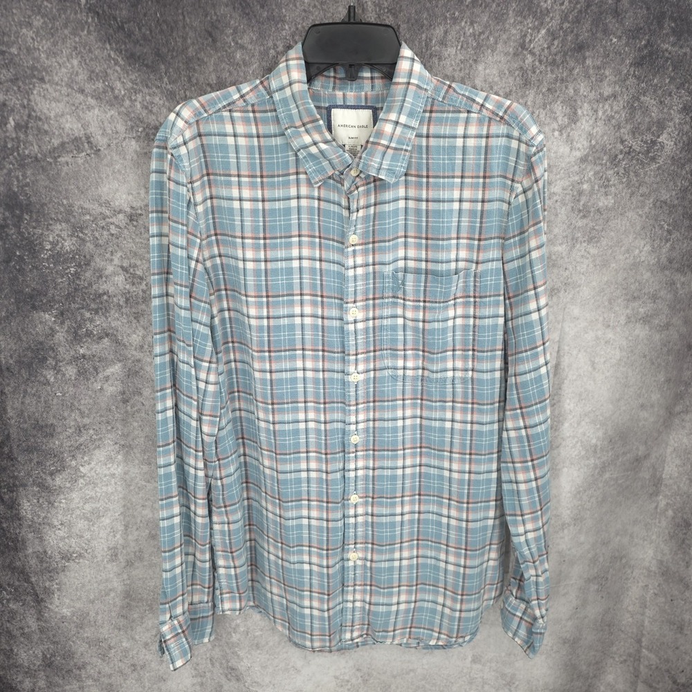 American Eagle Flannel Shirt Mens‎ Large Blue Button Up Slim Fit Heavyweight